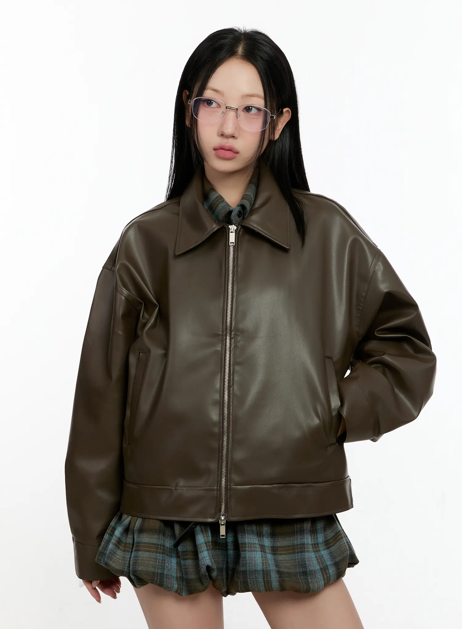 Oversized Two-Way Collar Faux Leather Jacket CN505 - Image 2