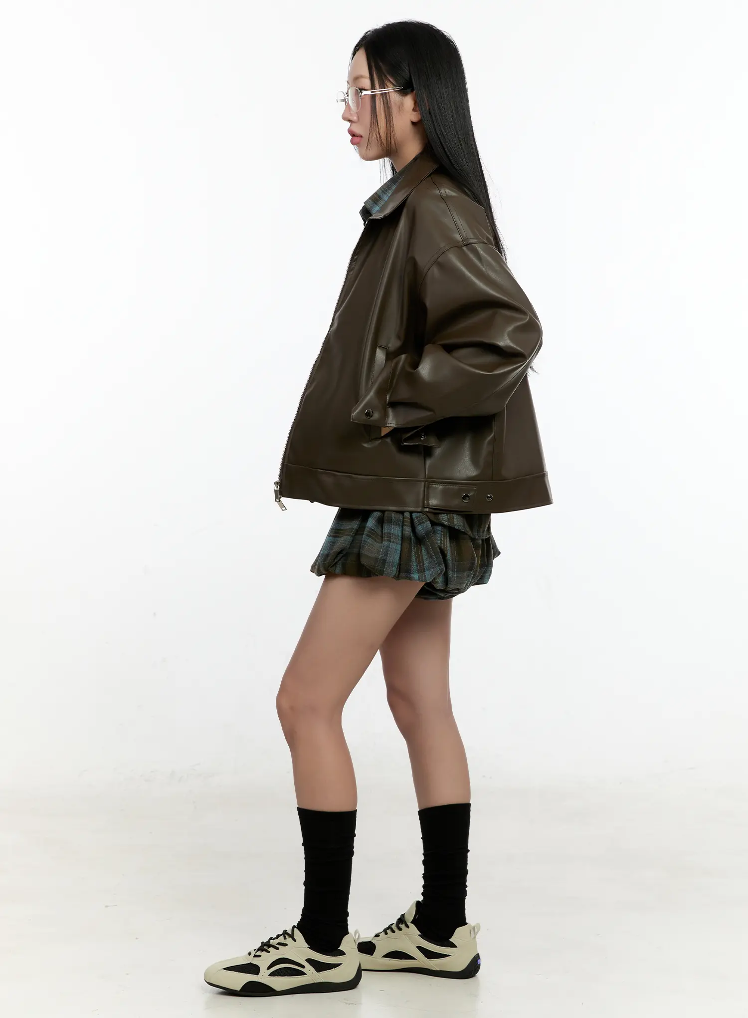Oversized Two-Way Collar Faux Leather Jacket CN505 - Image 4