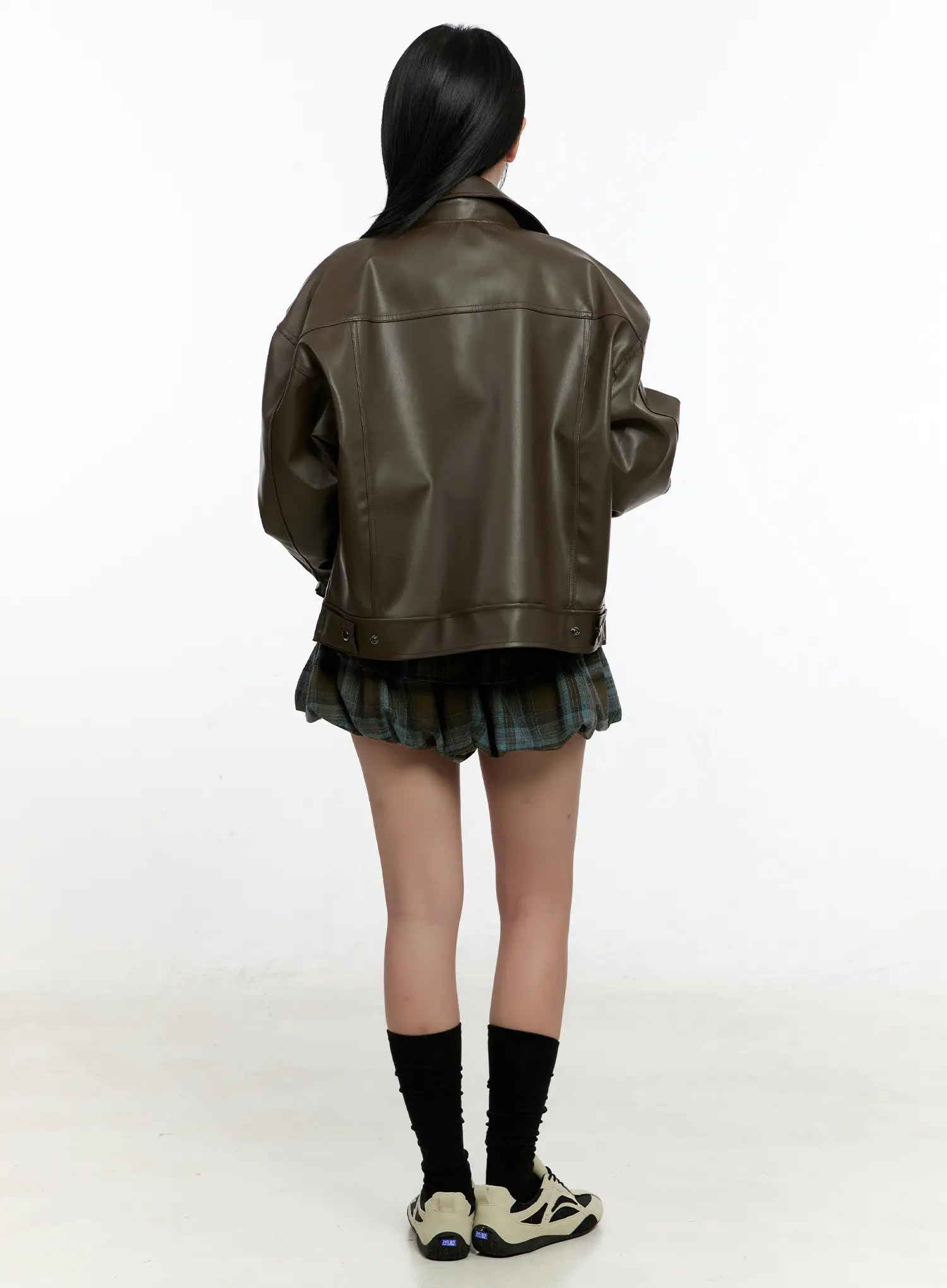 Oversized Two-Way Collar Faux Leather Jacket CN505 - Image 5