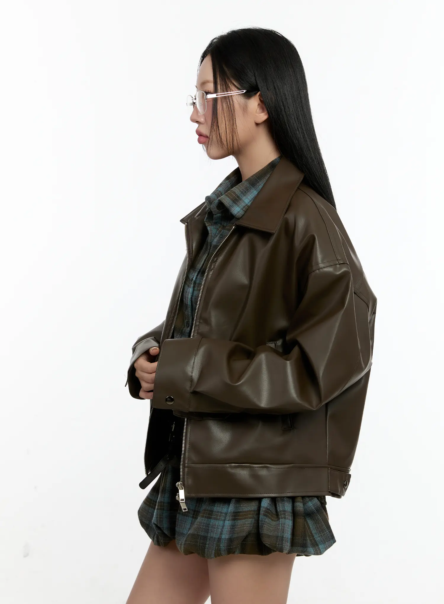 Oversized Two-Way Collar Faux Leather Jacket CN505 - Image 6