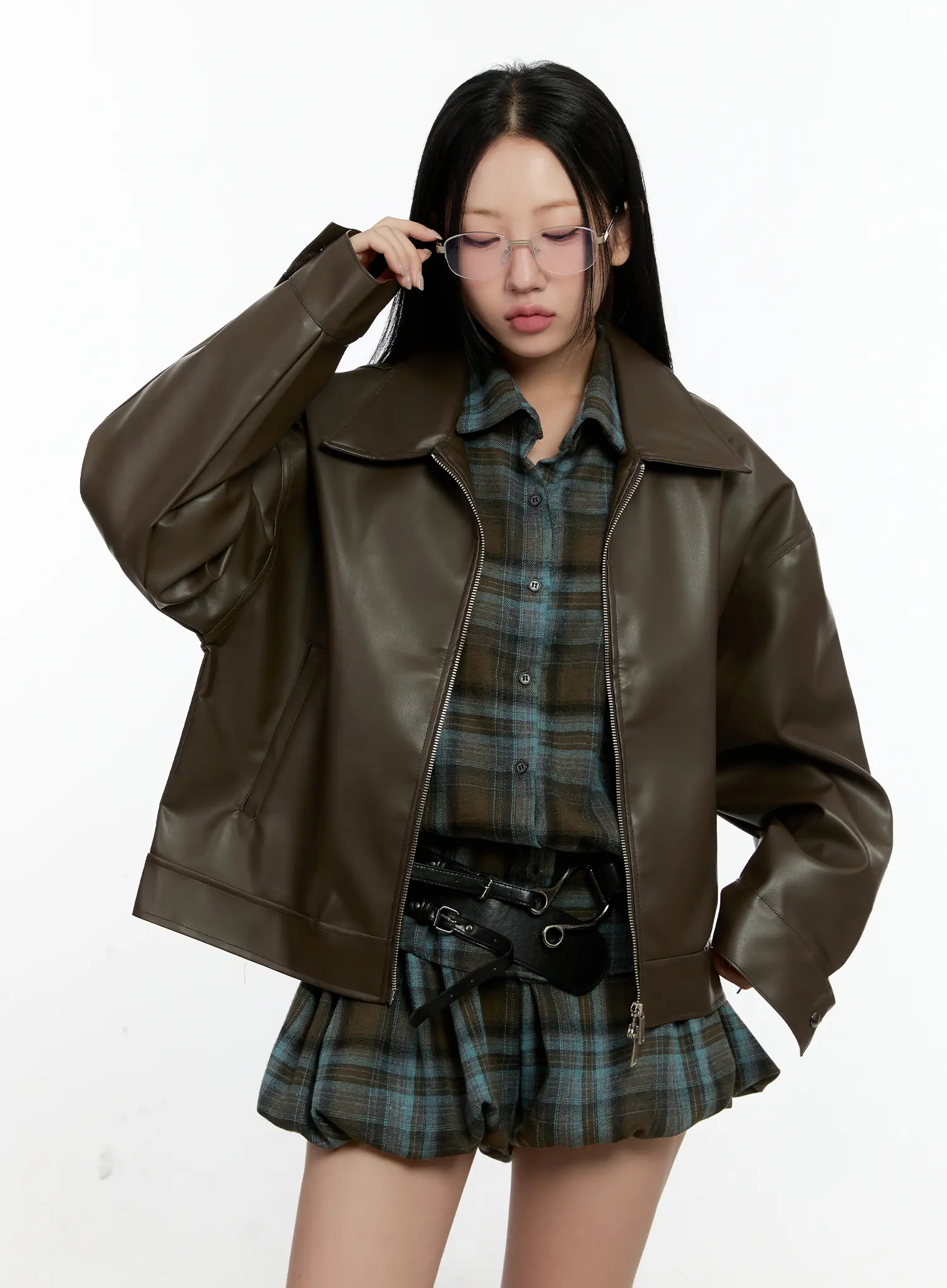 Oversized Two-Way Collar Faux Leather Jacket CN505 - Image 7