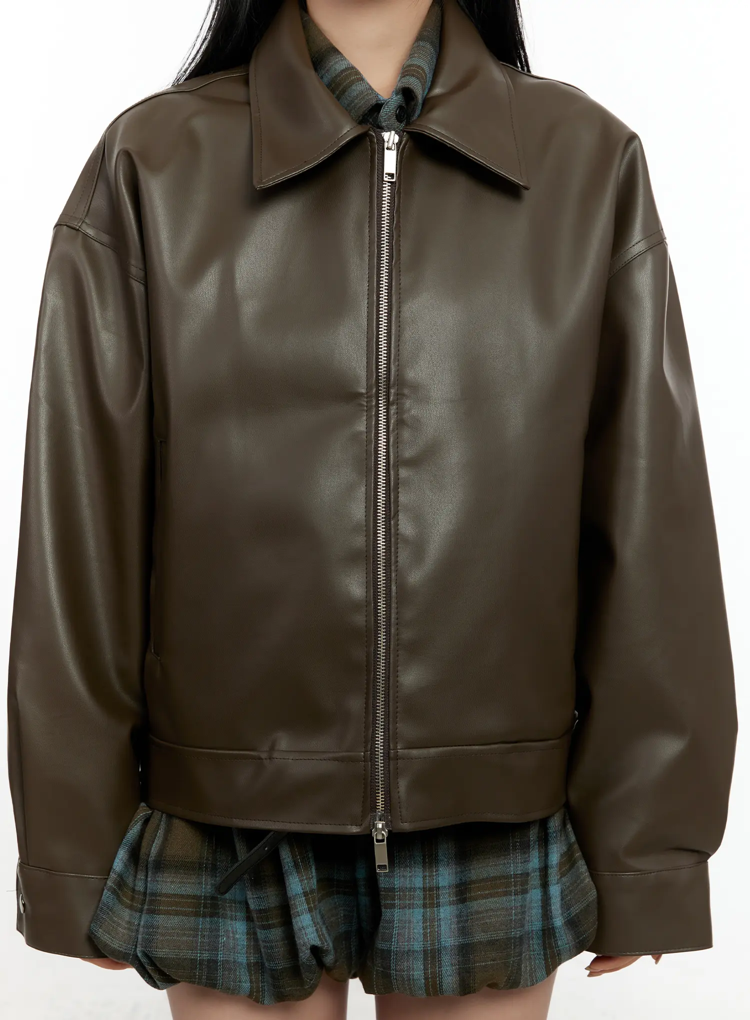 Oversized Two-Way Collar Faux Leather Jacket CN505 - Image 8