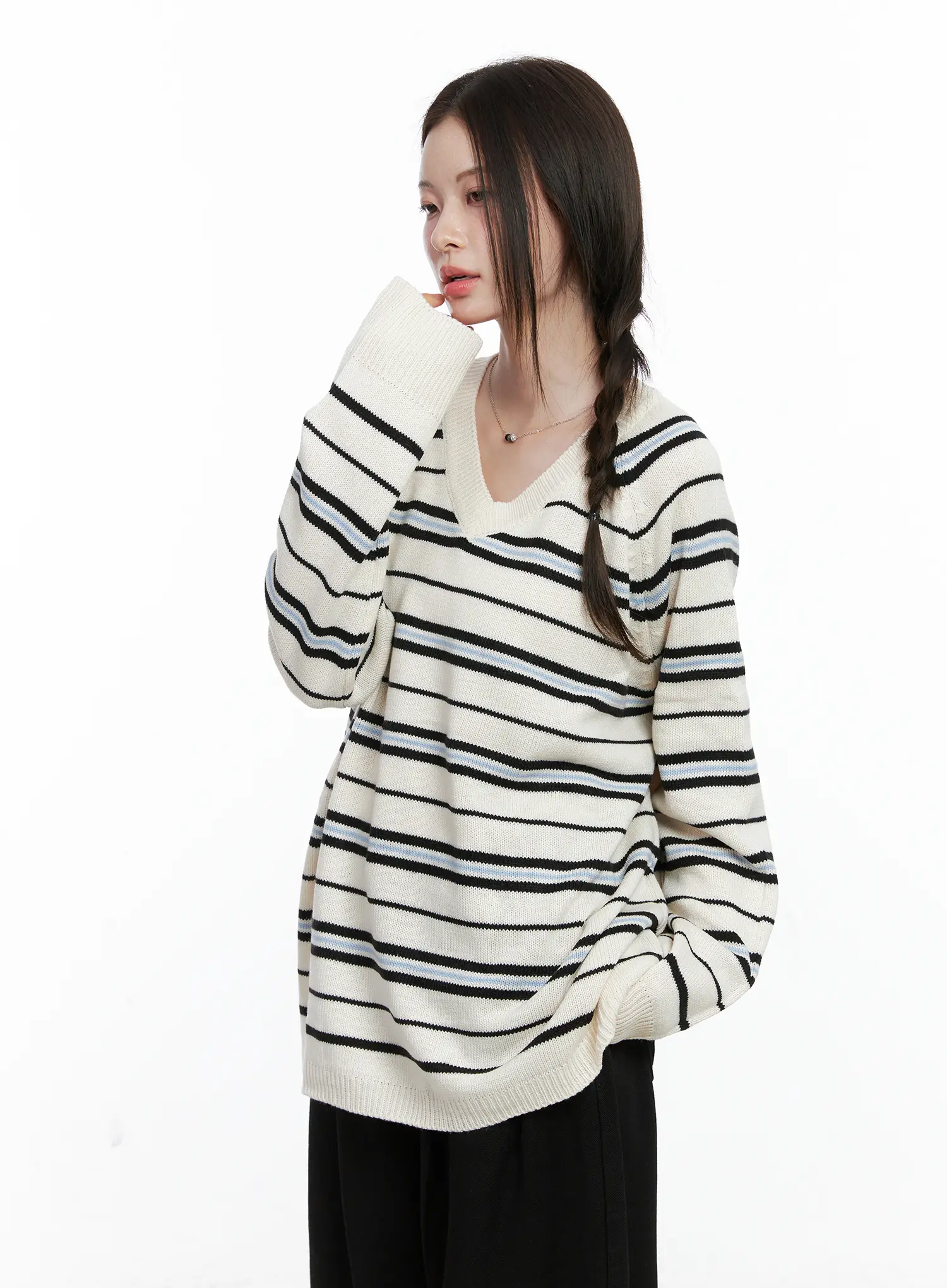 Oversized V-Neck Striped Knit Sweater CO503 - Image 2