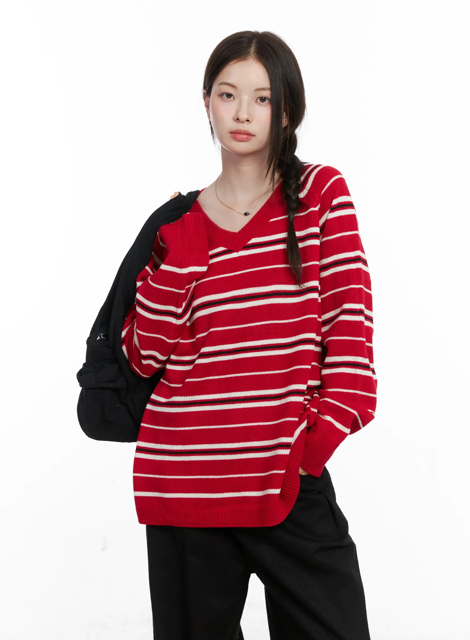 Oversized V-Neck Striped Knit Sweater CO503 - Image 7