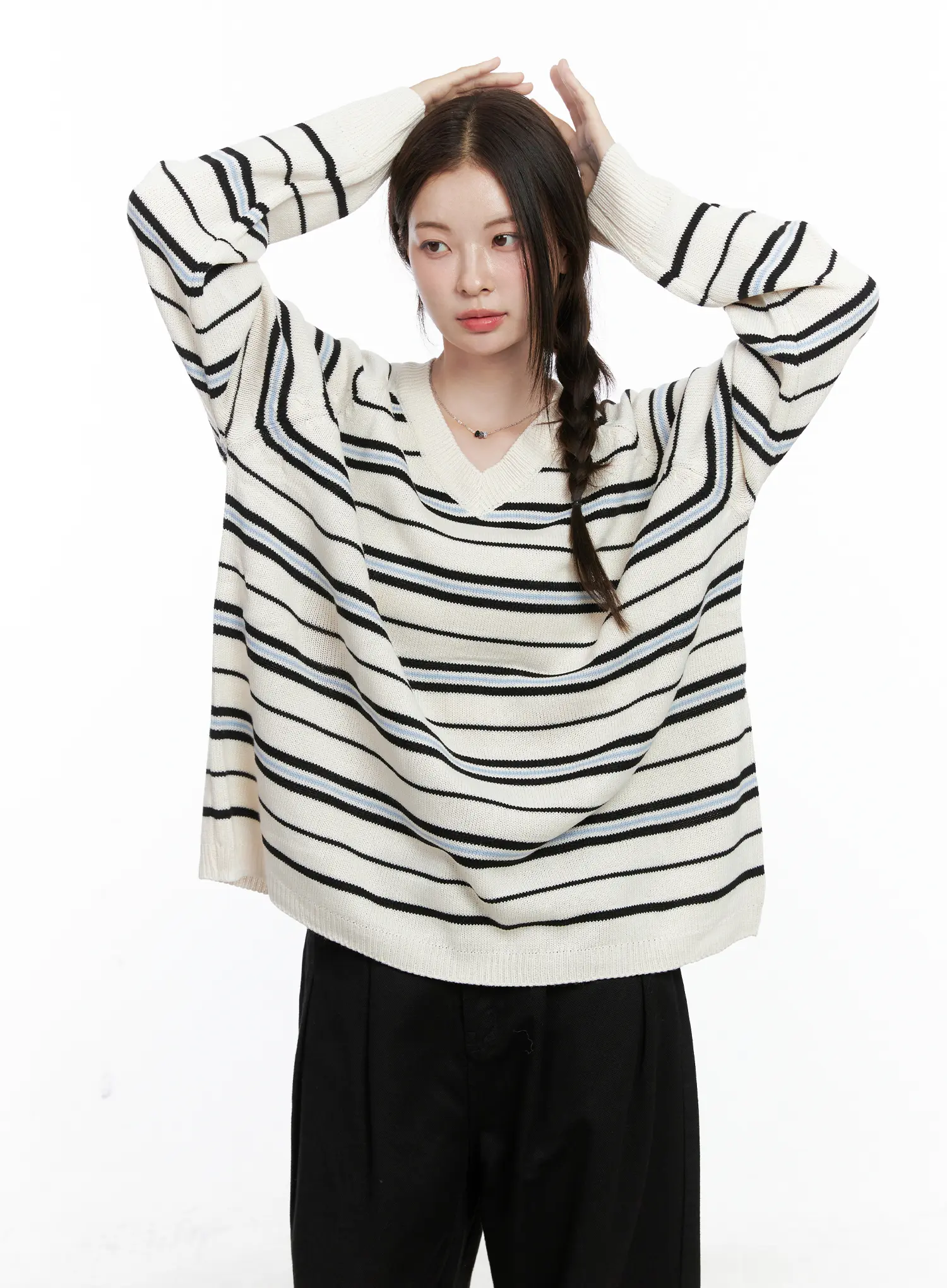 Oversized V-Neck Striped Knit Sweater CO503 - Image 8
