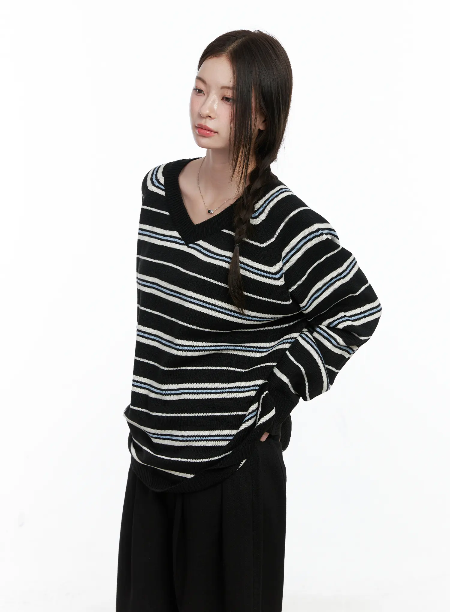 Oversized V-Neck Striped Knit Sweater CO503 - Image 9