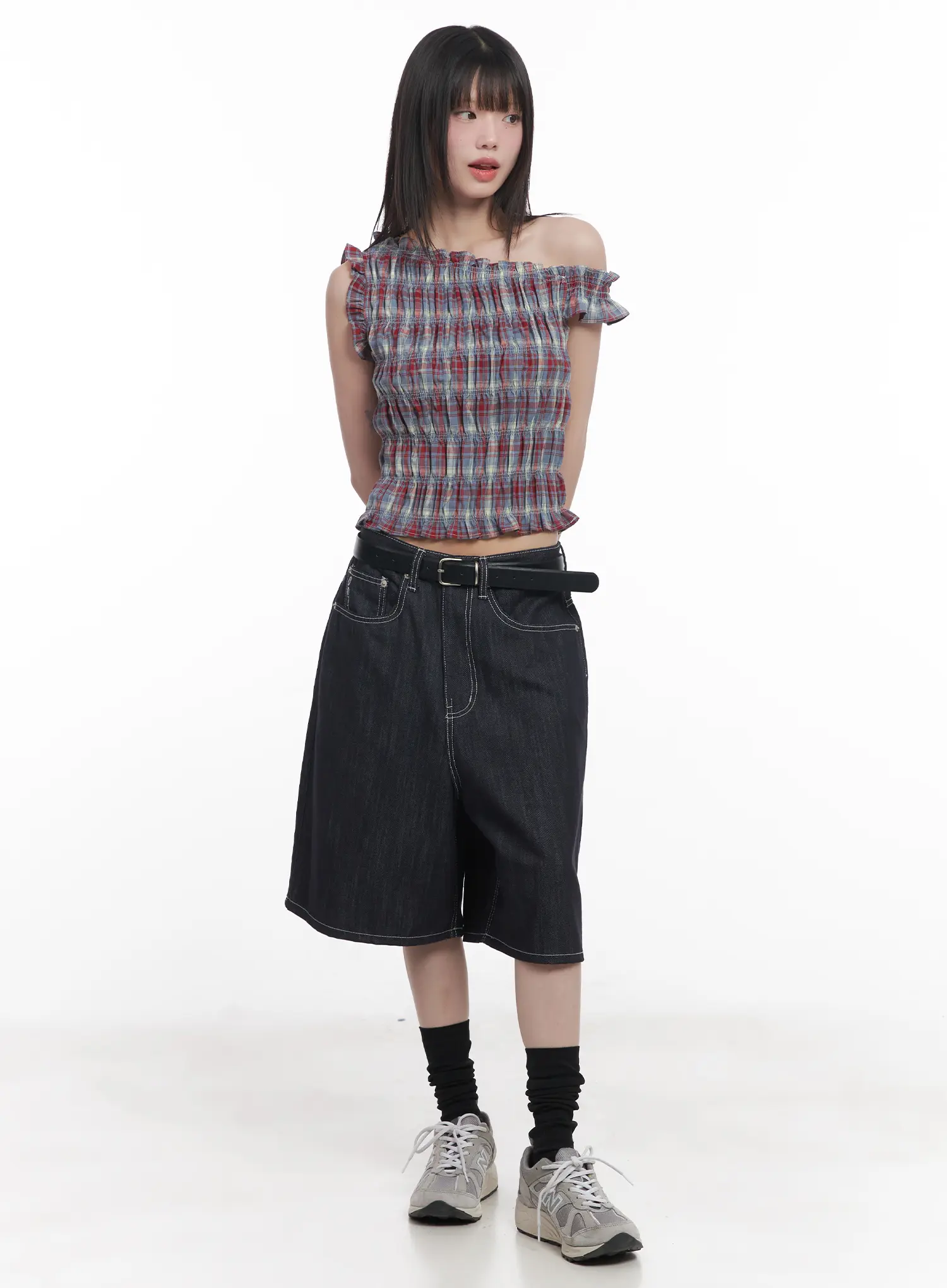 Plaid Frill One-Shoulder Crop Top CU519 - Image 2