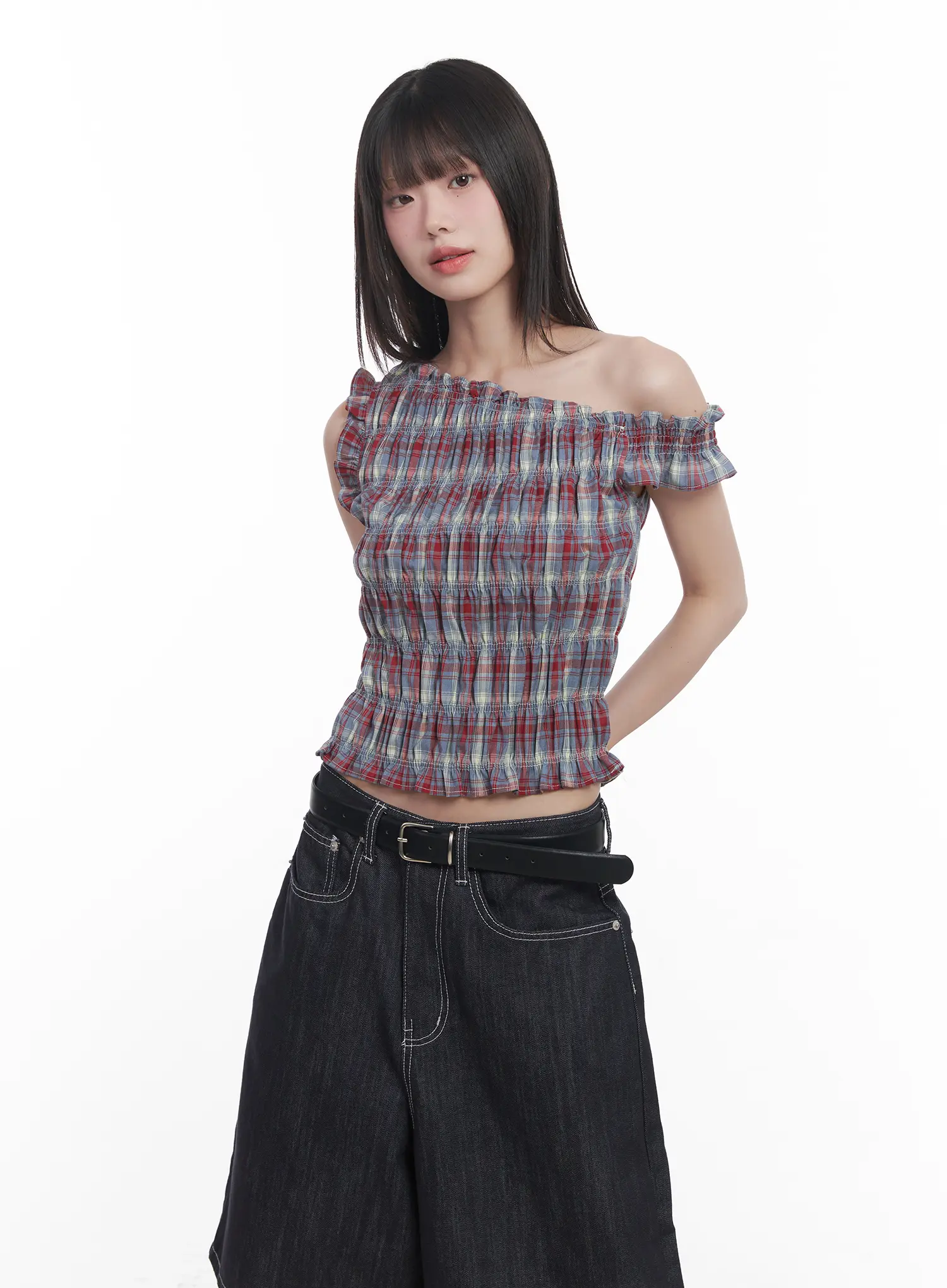 Plaid Frill One-Shoulder Crop Top CU519 - Image 3