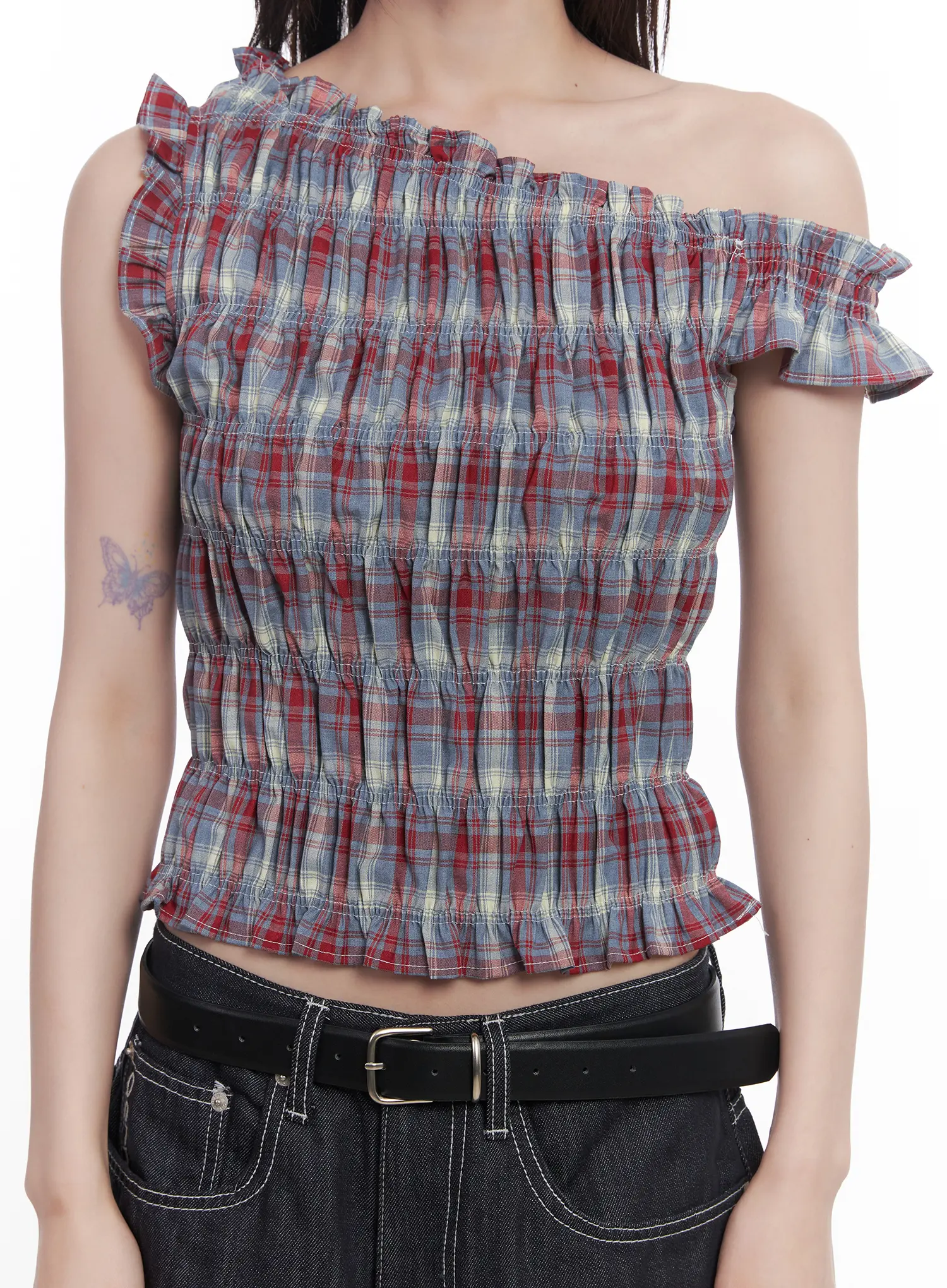 Plaid Frill One-Shoulder Crop Top CU519 - Image 4