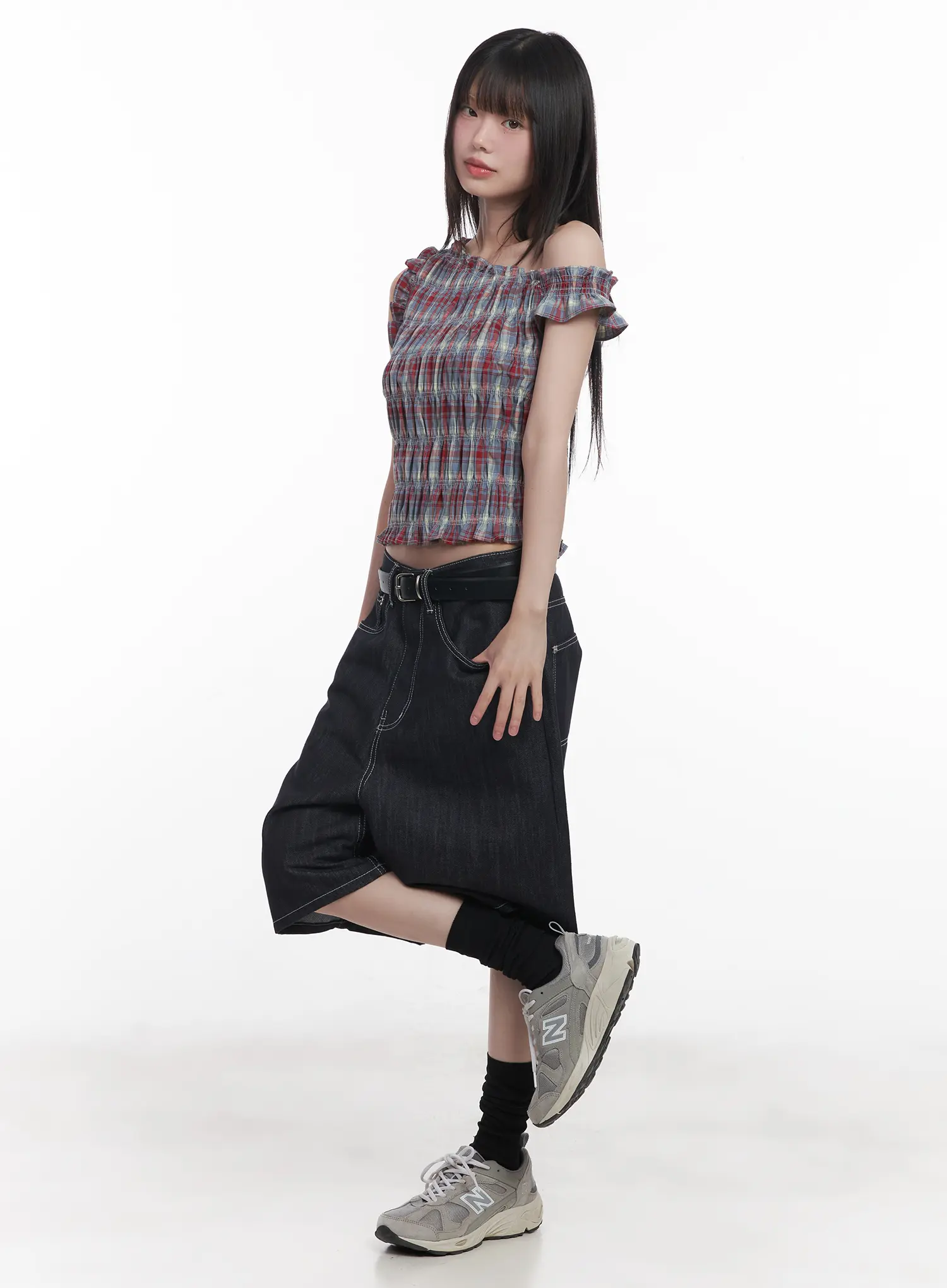 Plaid Frill One-Shoulder Crop Top CU519 - Image 5