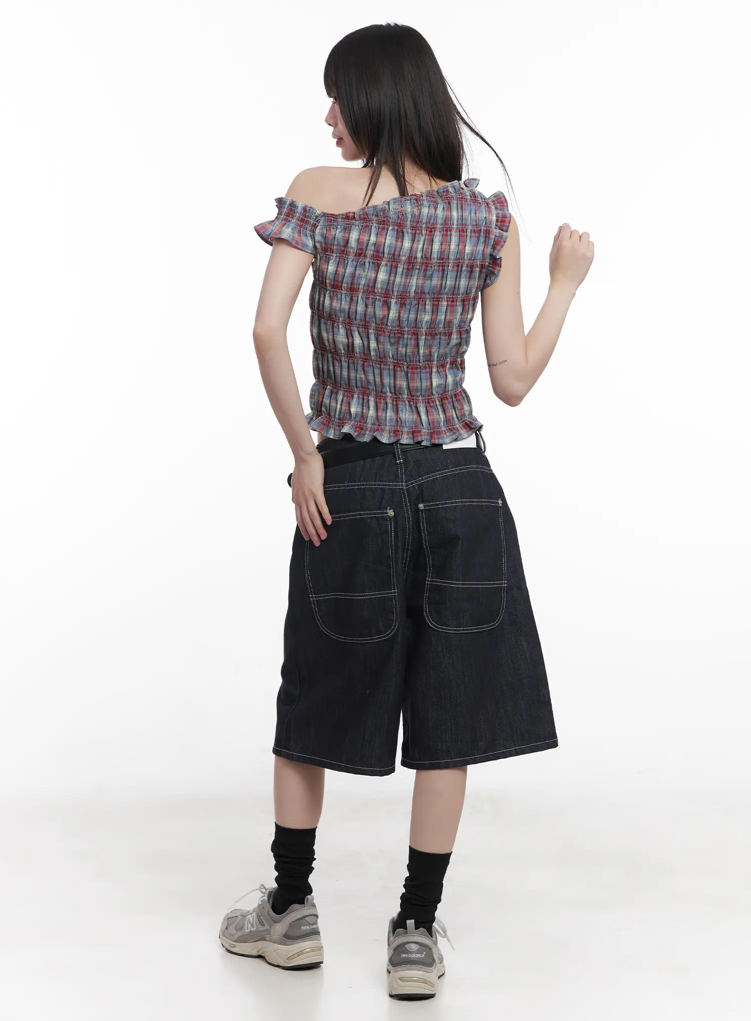 Plaid Frill One-Shoulder Crop Top CU519 - Image 7
