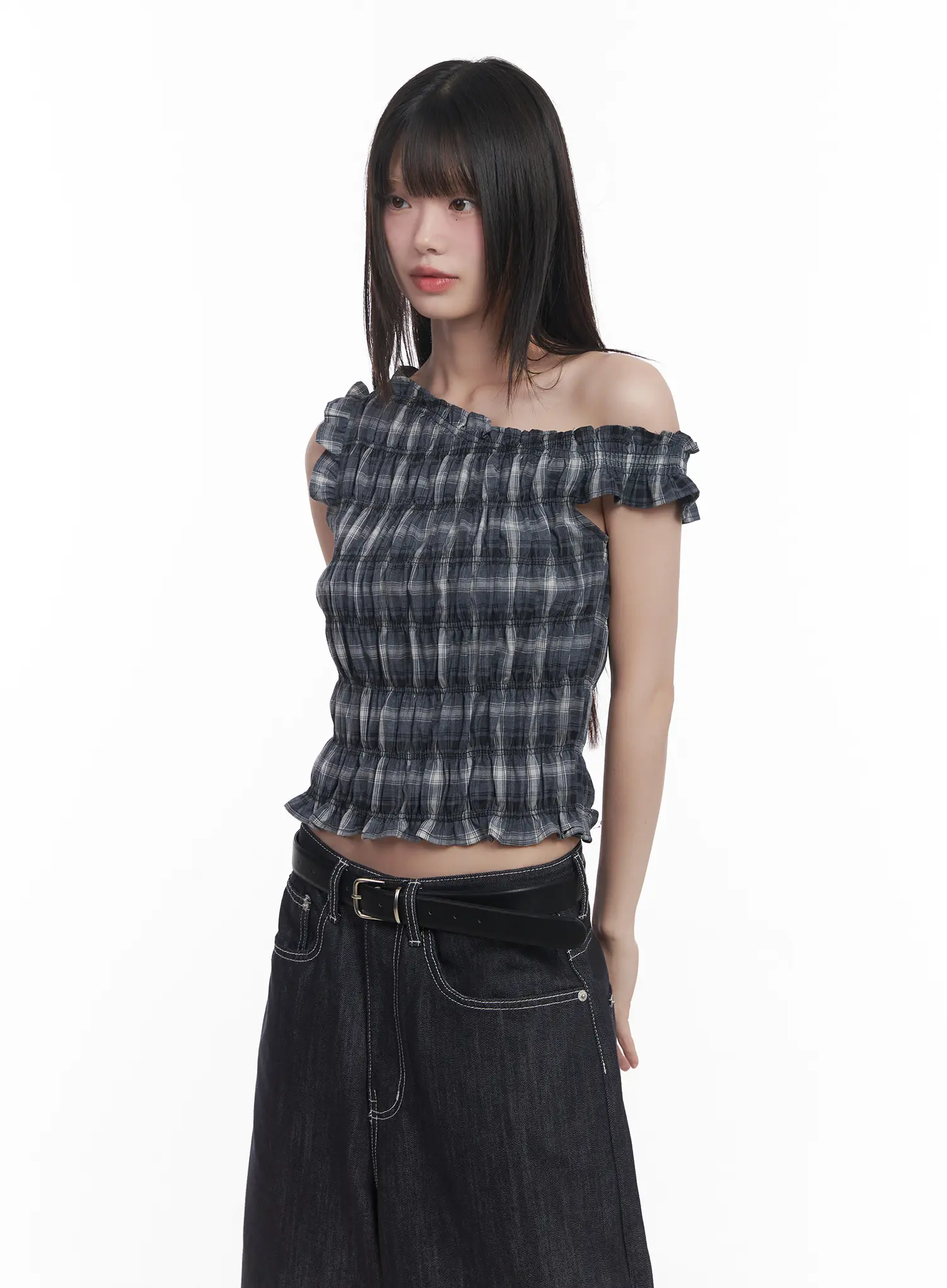 Plaid Frill One-Shoulder Crop Top CU519 - Image 9