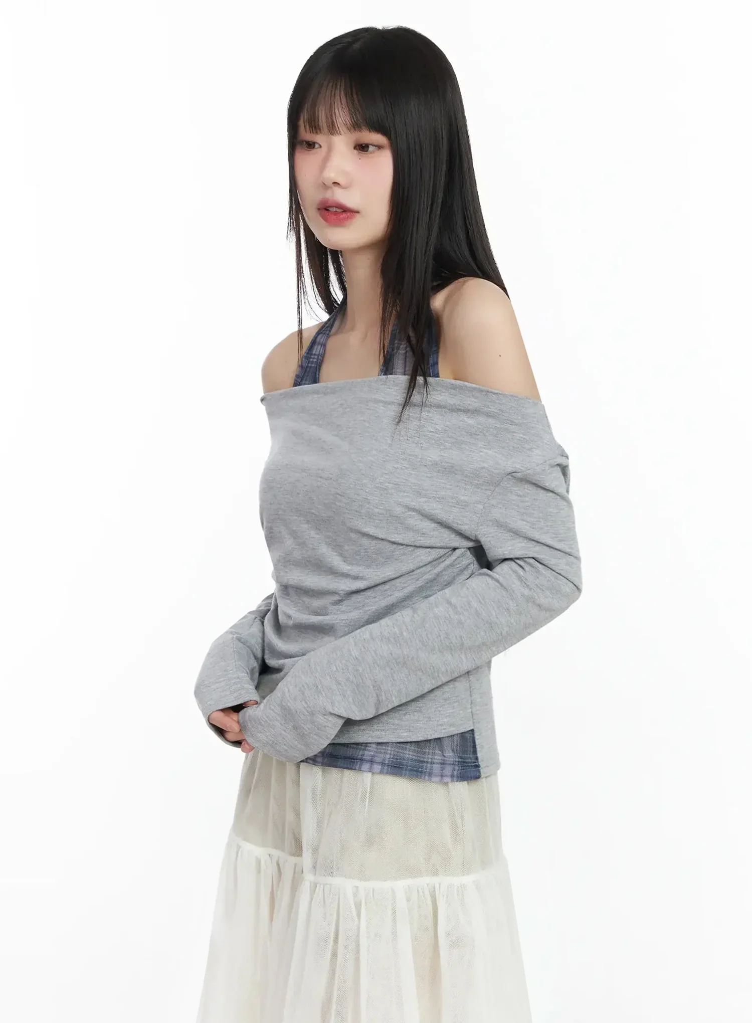 Plaid Layered Off-Shoulder Top IM523 - Image 14
