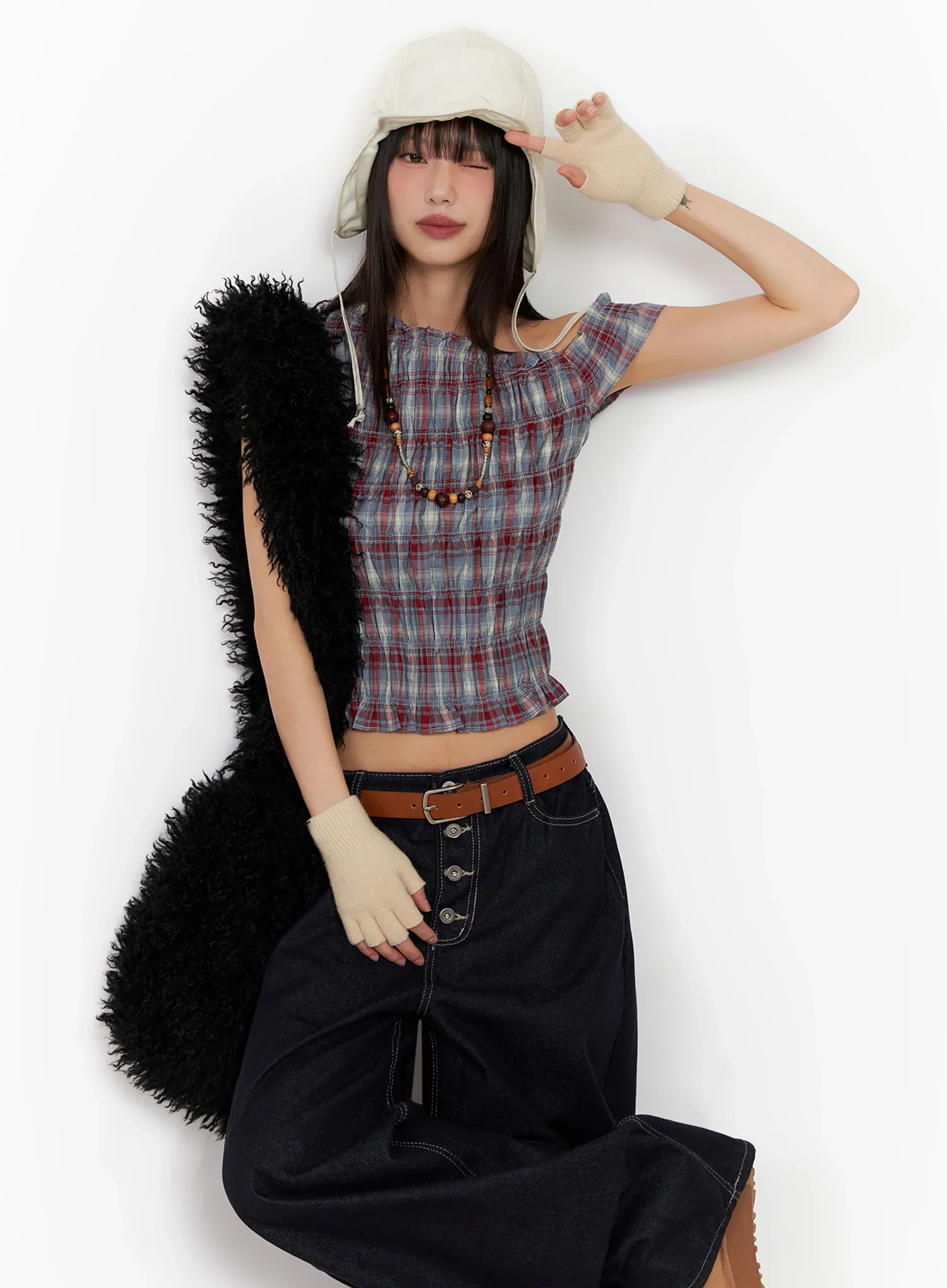 Plaid Off-Shoulder Blouse IN503 - Image 11