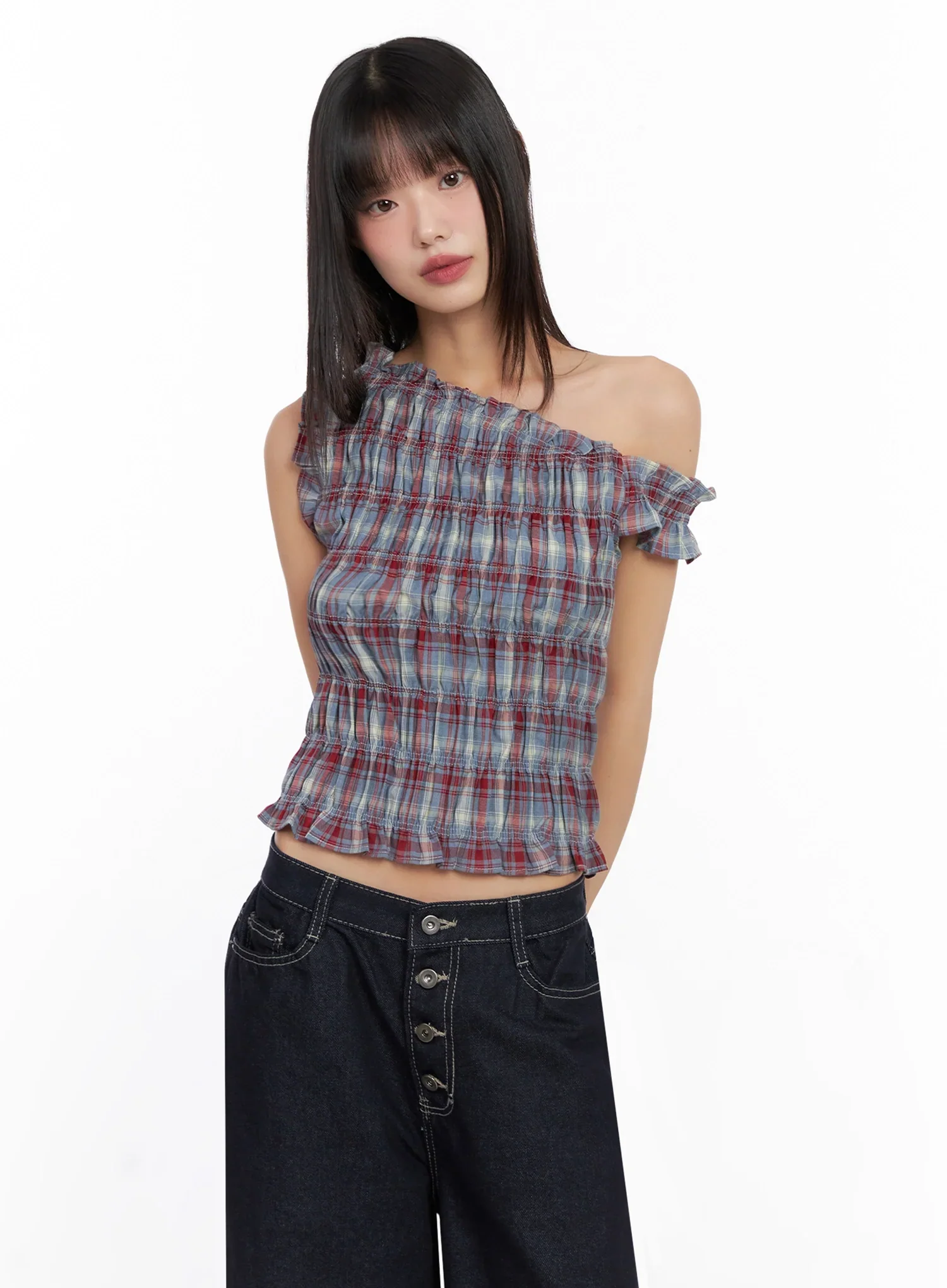 Plaid Off-Shoulder Blouse IN503 - Image 3