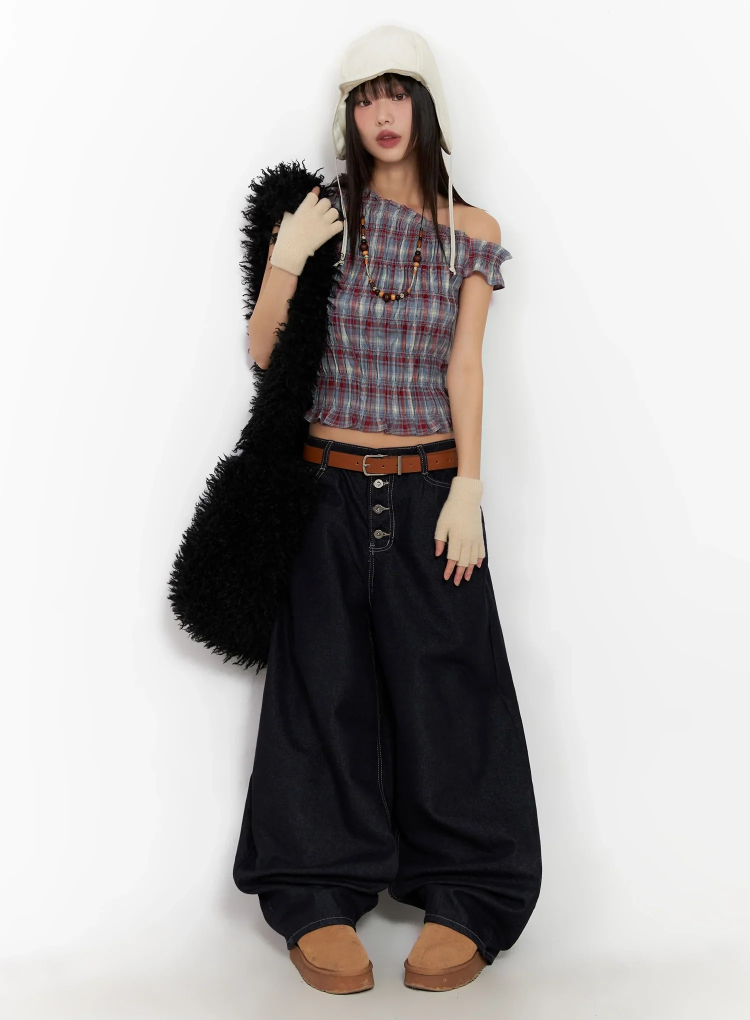 Plaid Off-Shoulder Blouse IN503 - Image 4