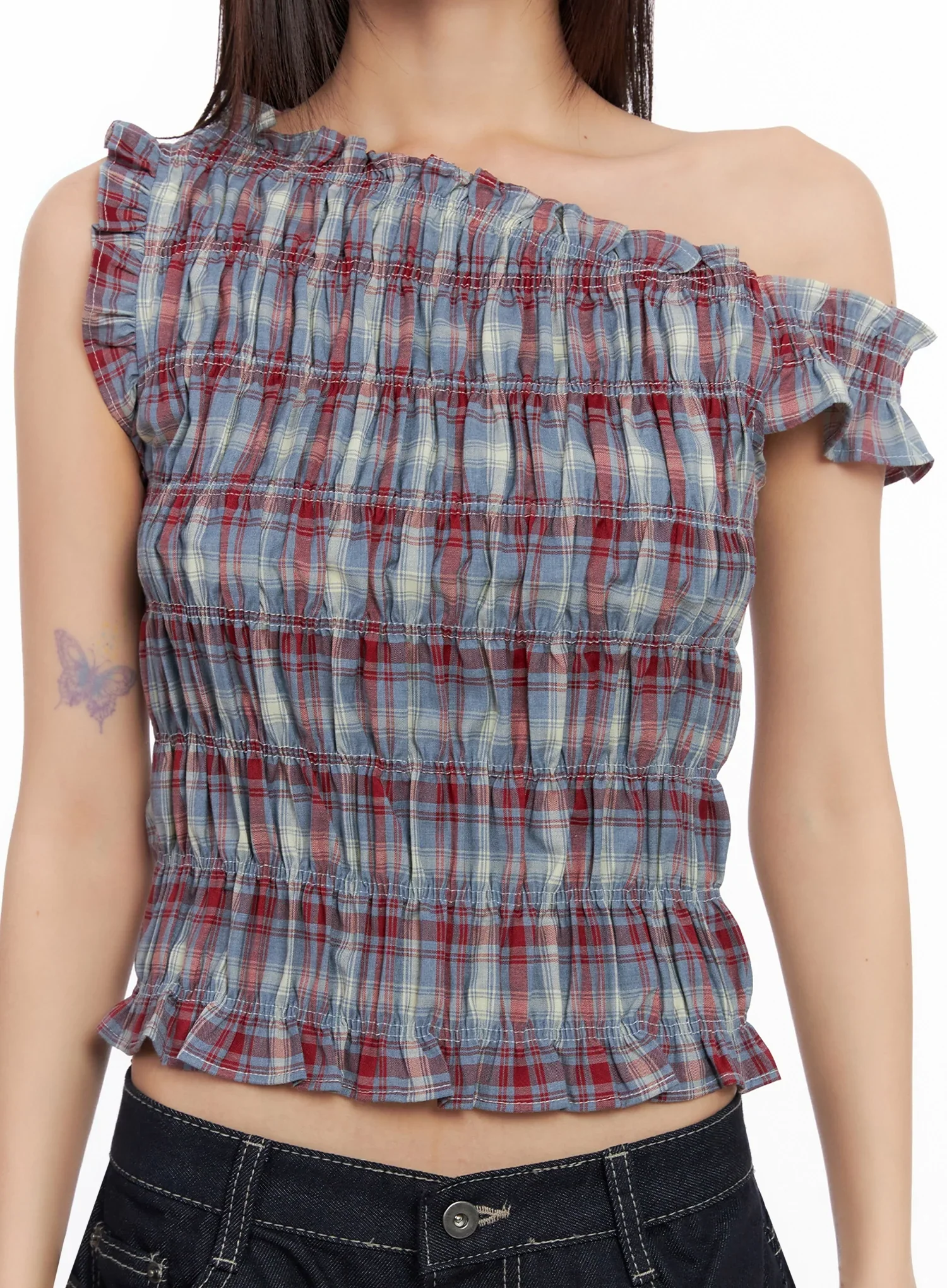 Plaid Off-Shoulder Blouse IN503 - Image 6