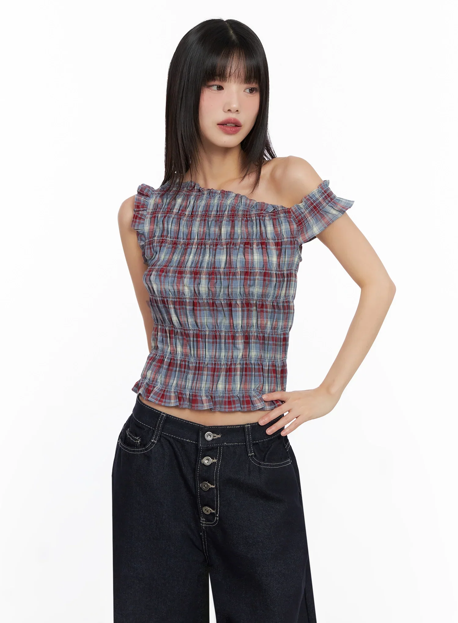 Plaid Off-Shoulder Blouse IN503 - Image 7