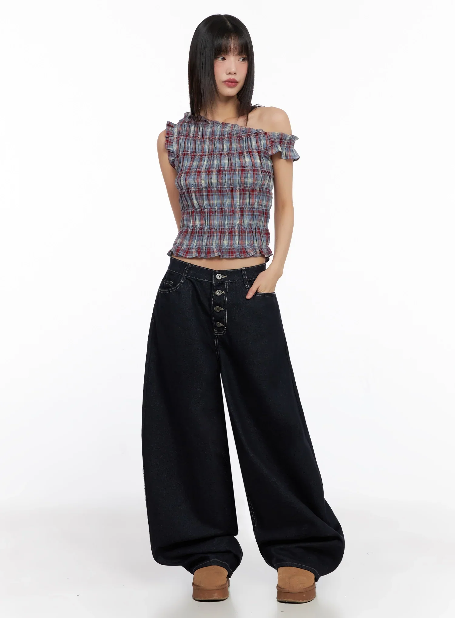 Plaid Off-Shoulder Blouse IN503 - Image 8