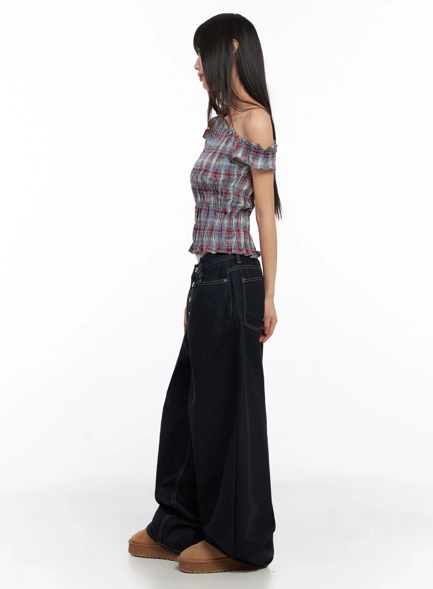 Plaid Off-Shoulder Blouse IN503 - Image 9