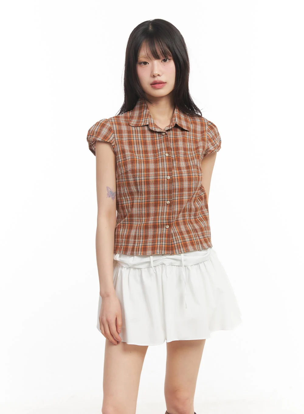 Plaid Puff Sleeve Cropped Shirt CA523 - Image 11