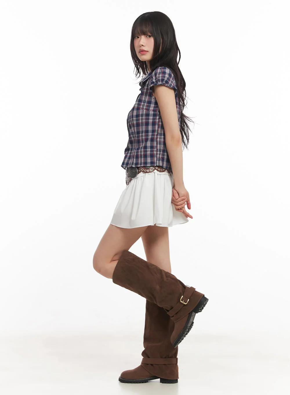 Plaid Puff Sleeve Cropped Shirt CA523 - Image 6