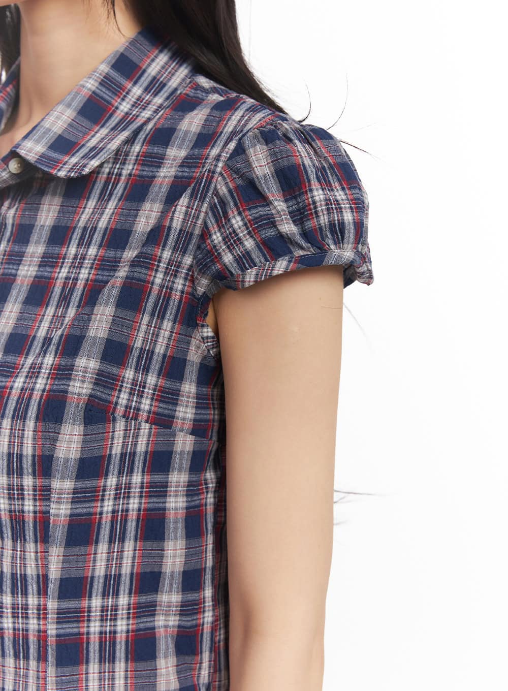 Plaid Puff Sleeve Cropped Shirt CA523 - Image 8