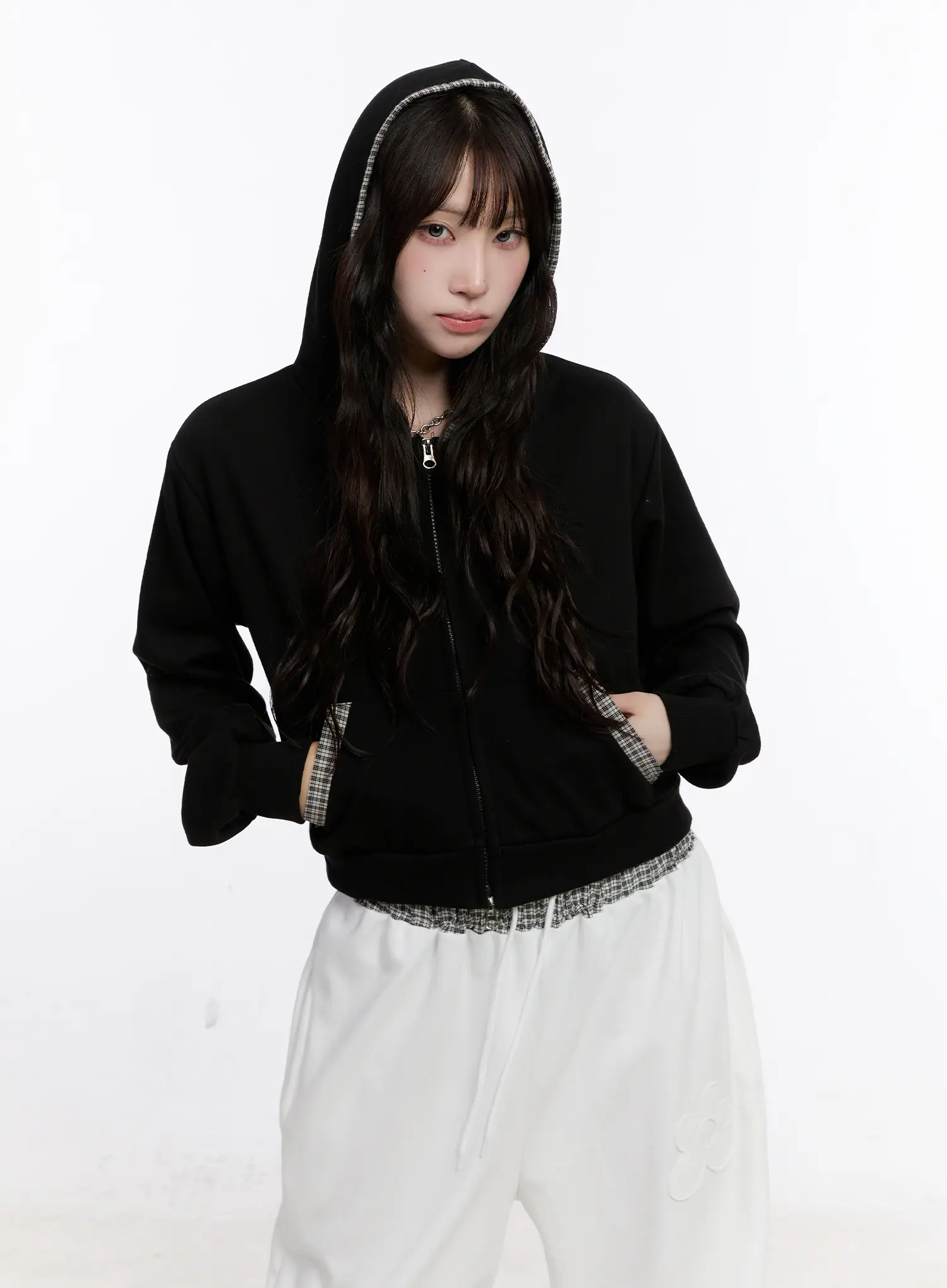 Plaid Trim Crop Zip-Up Hoodie CS530 - Image 9
