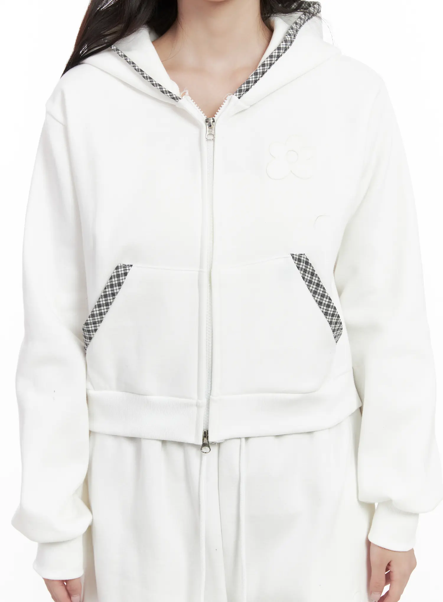 Plaid Trim Zip-Up Hoodie CN527 - Image 7