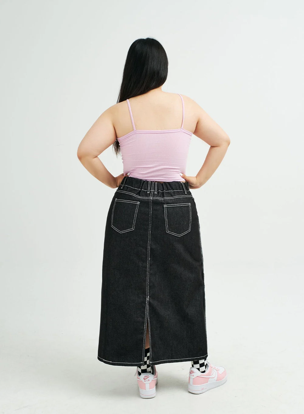 Plus Reverse Stitch Bleached Denim Maxi Skirt IY24 - Image 12