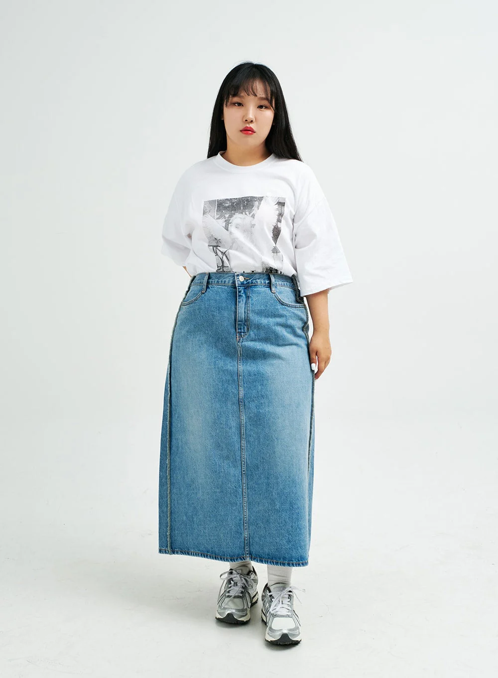 Plus Reverse Stitch Bleached Denim Maxi Skirt IY24 - Image 14