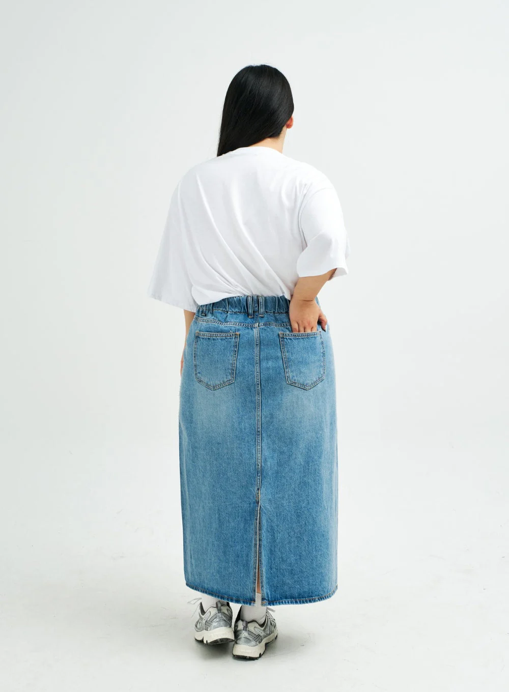 Plus Reverse Stitch Bleached Denim Maxi Skirt IY24 - Image 16