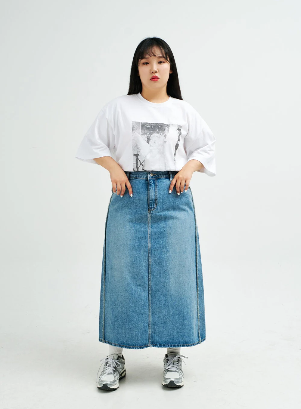 Plus Reverse Stitch Bleached Denim Maxi Skirt IY24 - Image 17