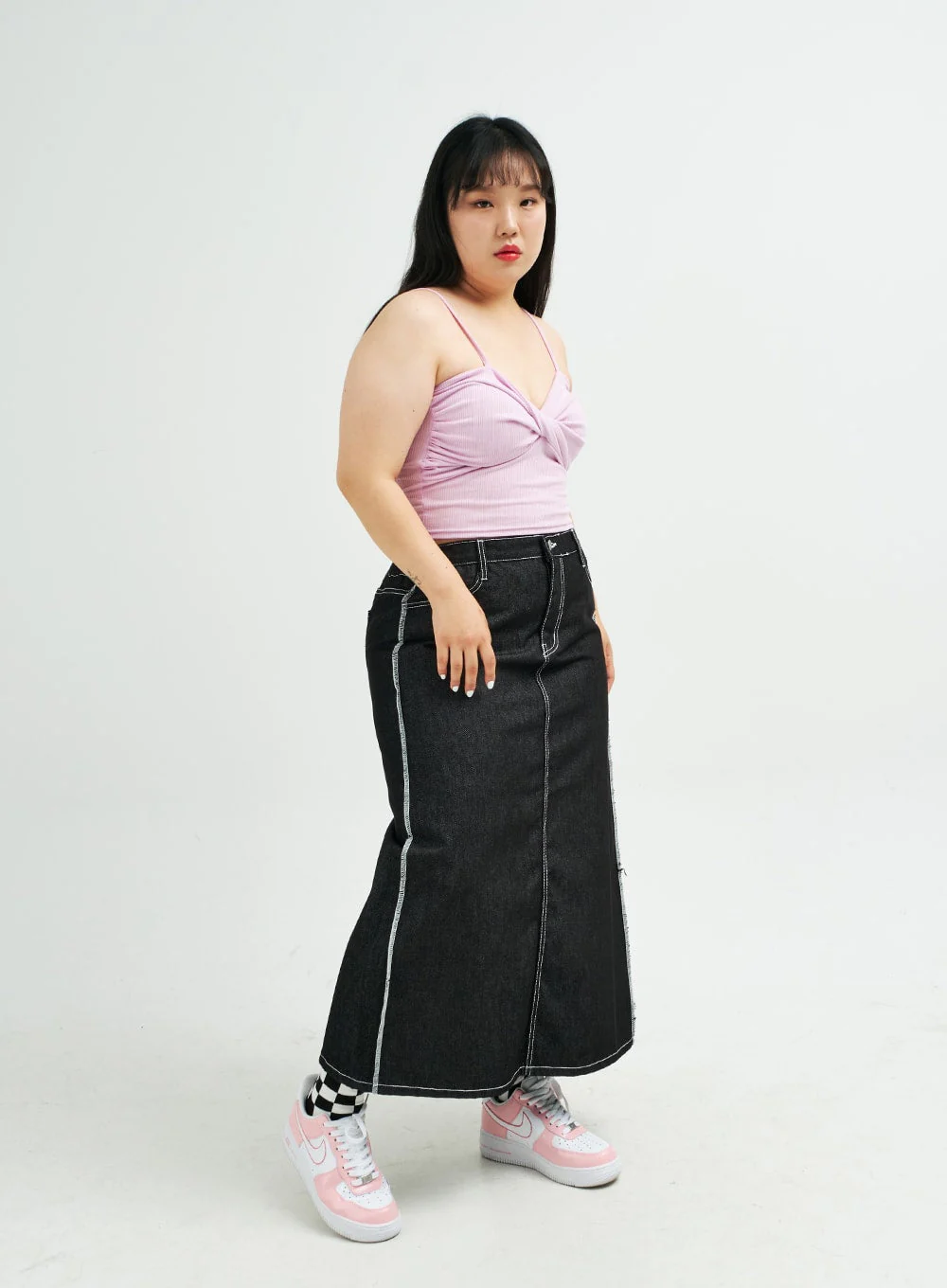 Plus Reverse Stitch Bleached Denim Maxi Skirt IY24 - Image 4