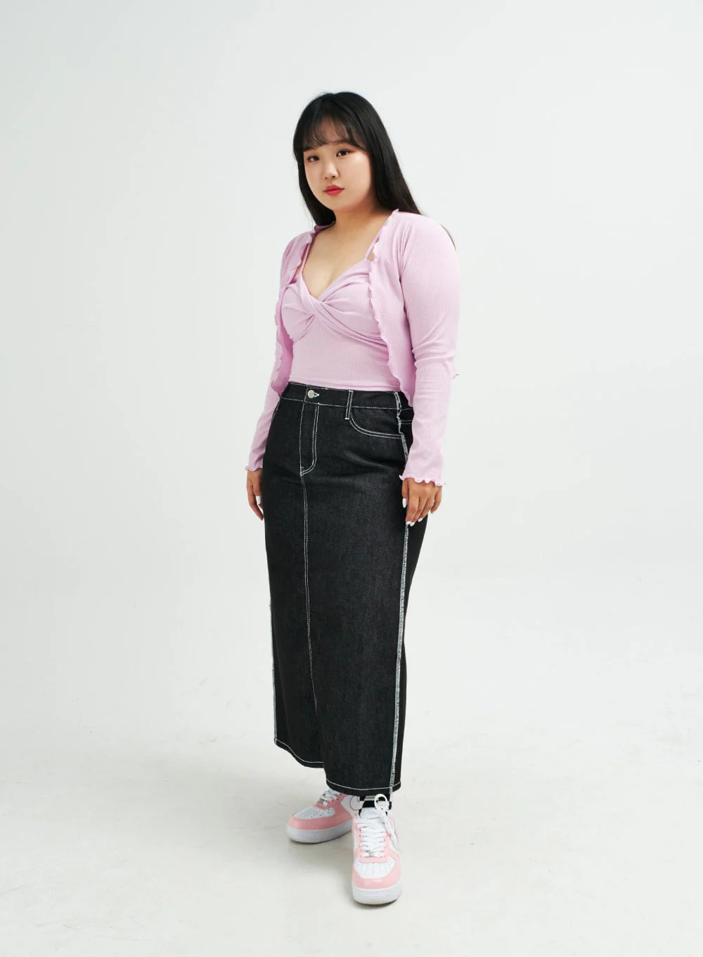 Plus Reverse Stitch Bleached Denim Maxi Skirt IY24 - Image 9