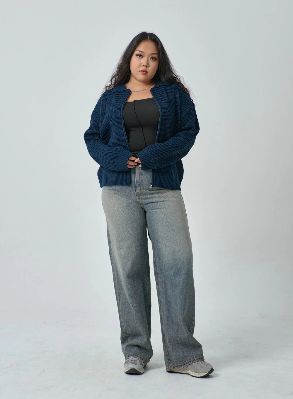 Plus Waffle Pattern Collared Two Way Zip-Up Knit - Image 6