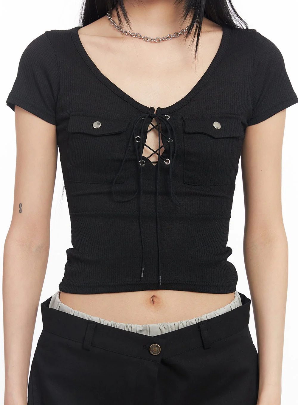 Pocket Eyelet Crop Top CY528 - Image 6