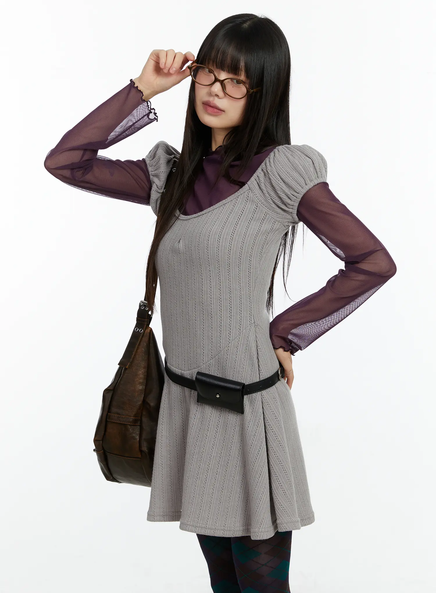 Pointelle Puff Sleeve Flare Mini Dress CF509