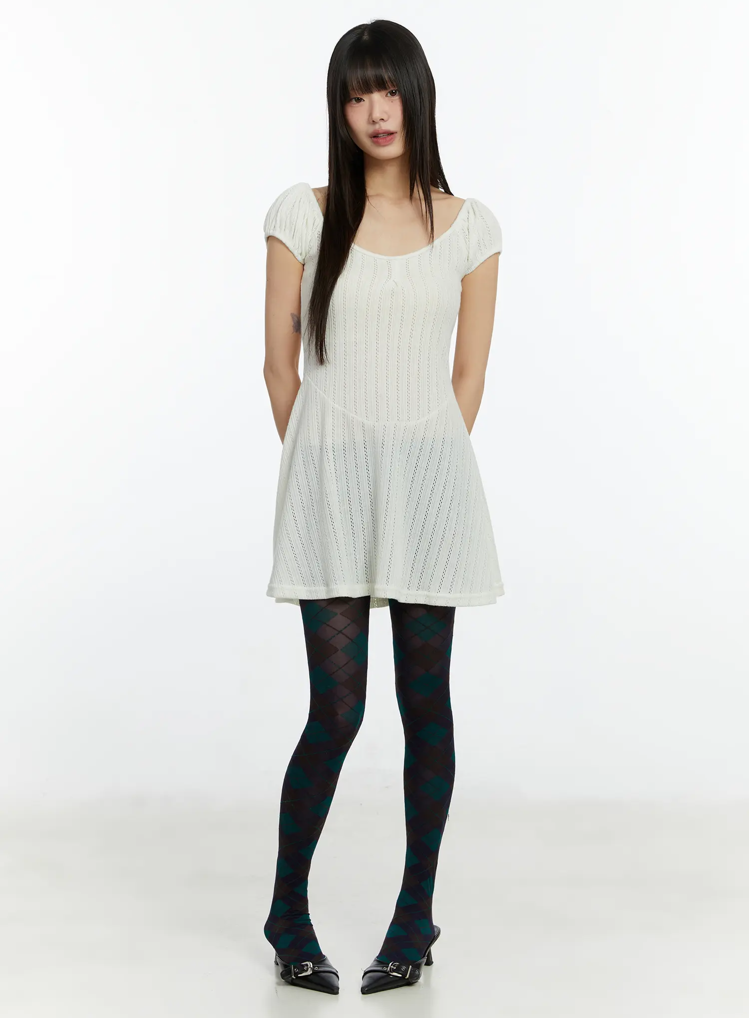 Pointelle Puff Sleeve Flare Mini Dress CF509 - Image 11