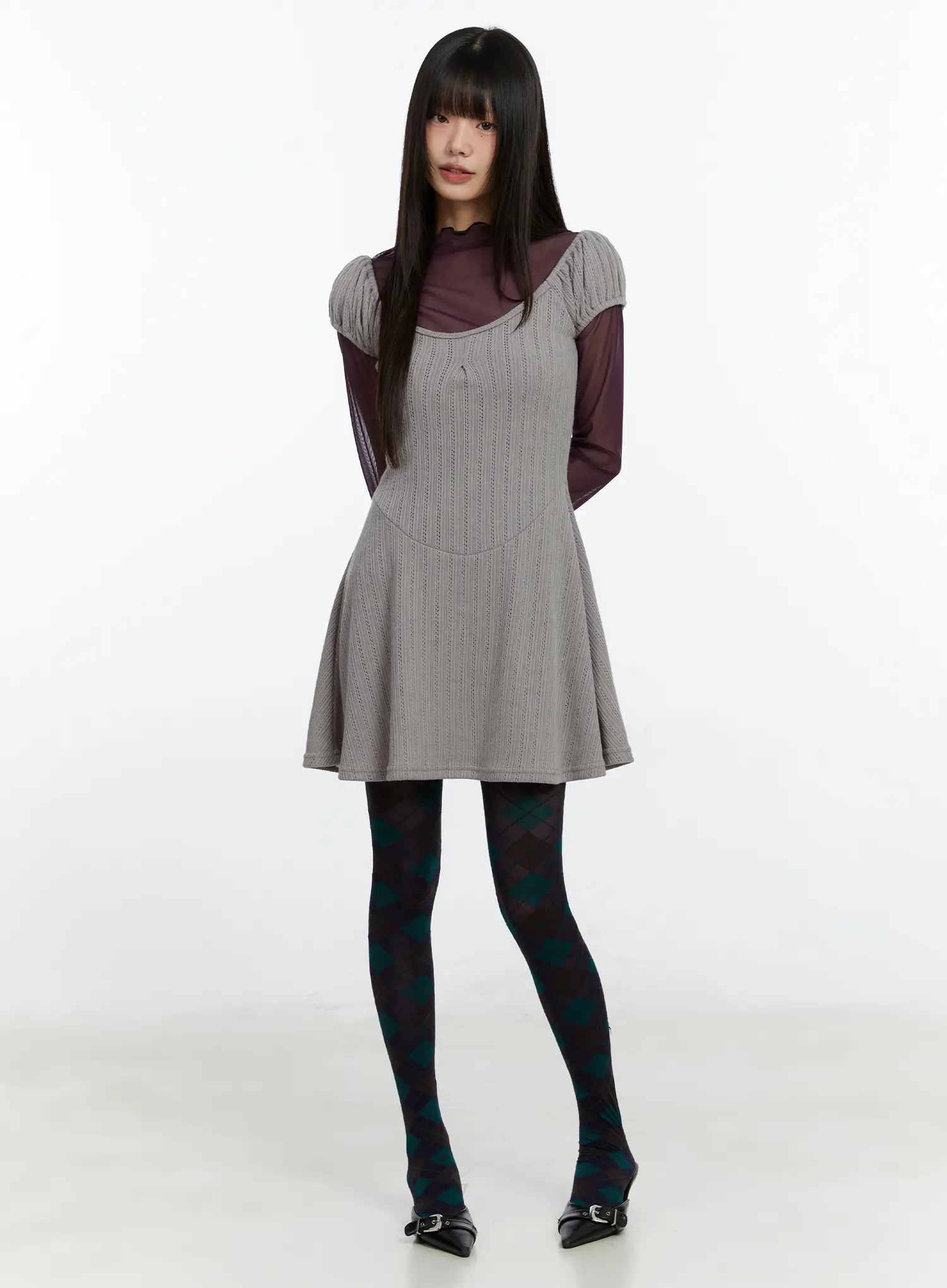 Pointelle Puff Sleeve Flare Mini Dress CF509 - Image 3