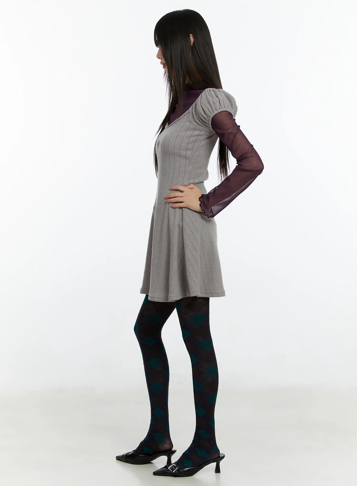 Pointelle Puff Sleeve Flare Mini Dress CF509 - Image 4
