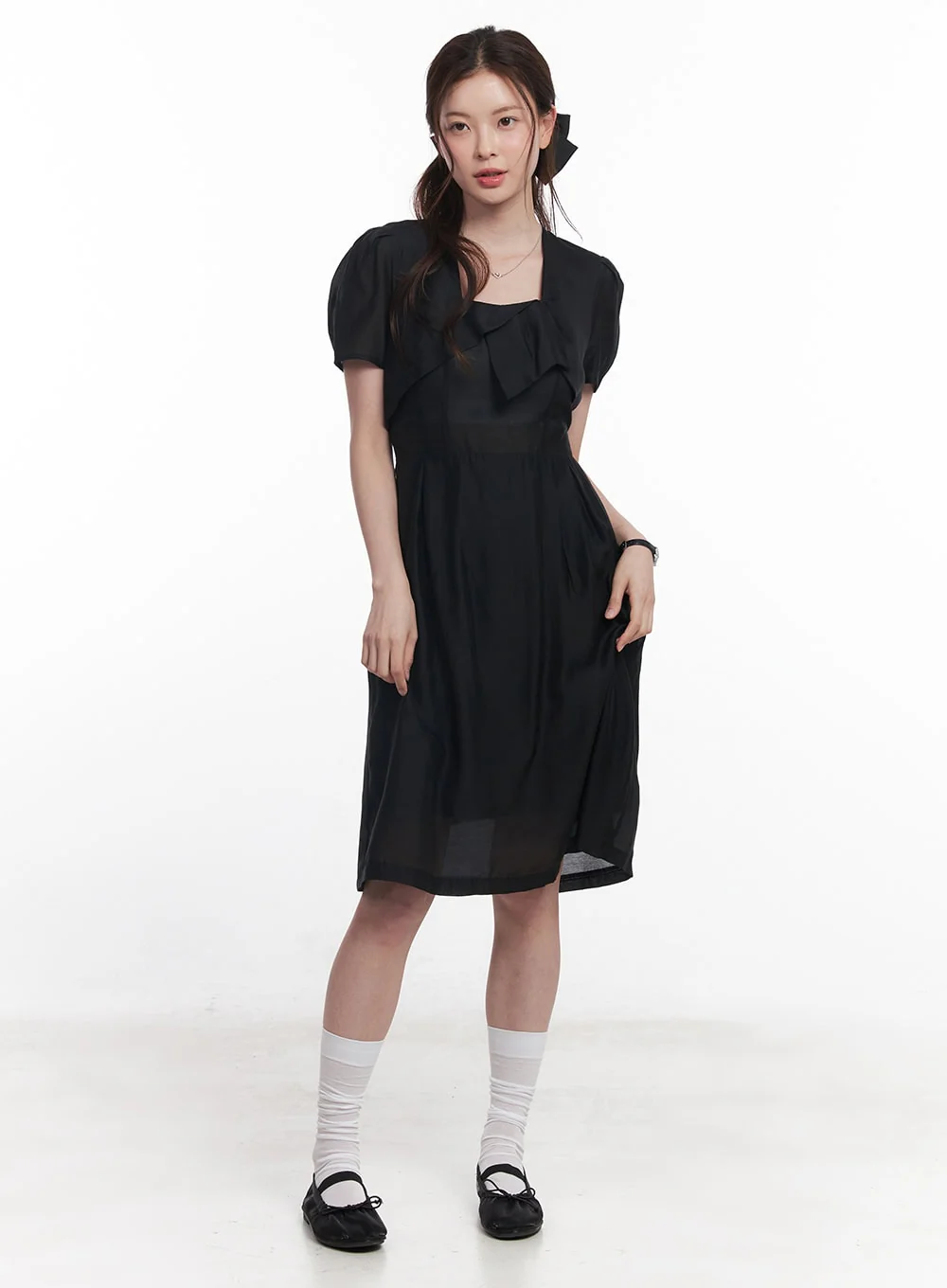 Puff-Sleeve Square Neck Midi Dress CY519