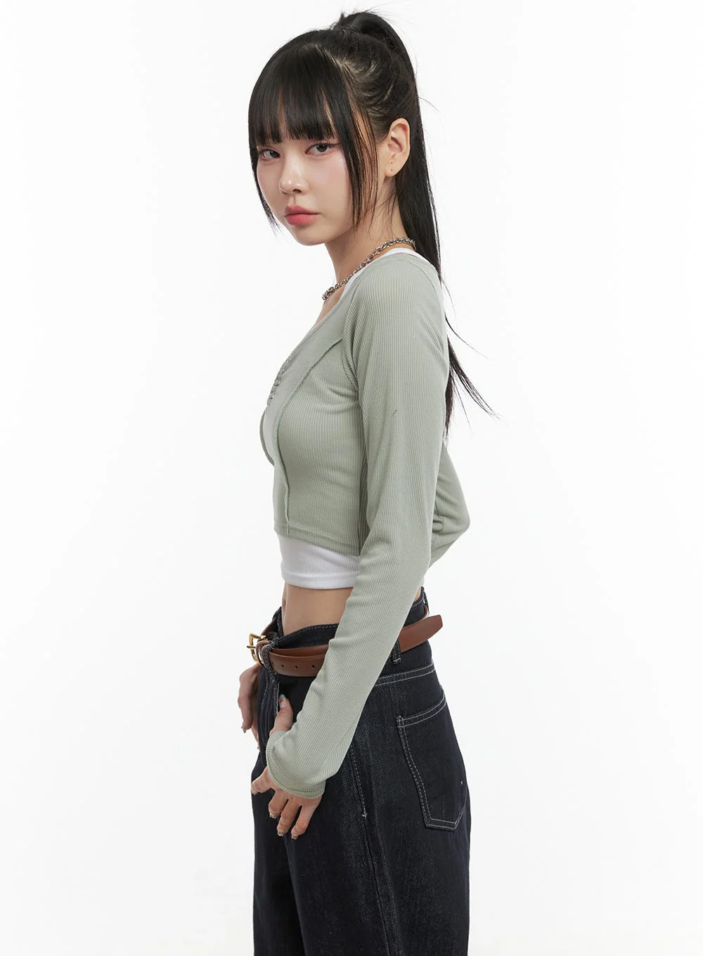 Ribbed Button V-Neck Crop Top OS410 - Image 5
