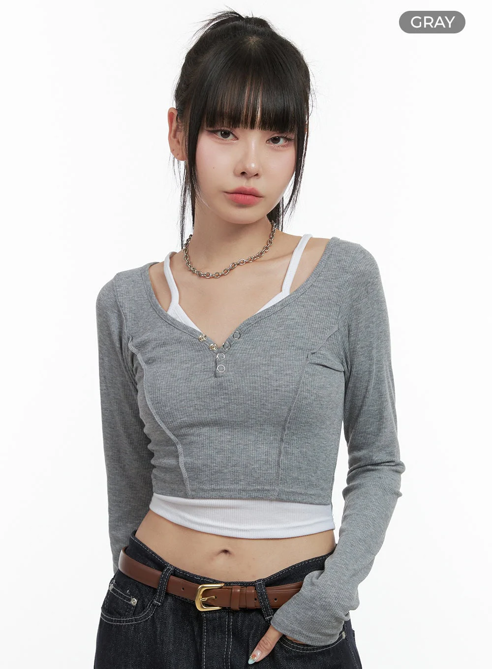 Ribbed Button V-Neck Crop Top OS410 - Image 8