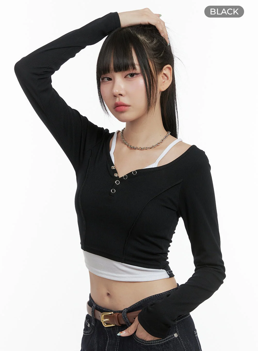 Ribbed Button V-Neck Crop Top OS410 - Image 9