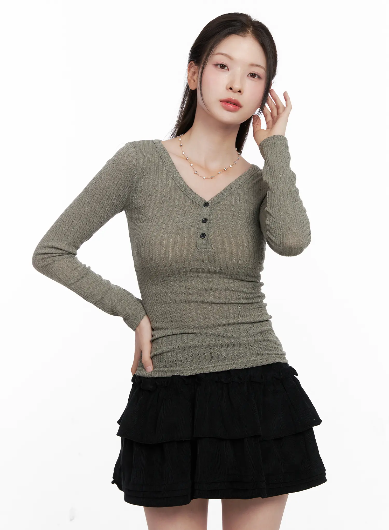Ribbed Button V-Neck Long Sleeve CO531