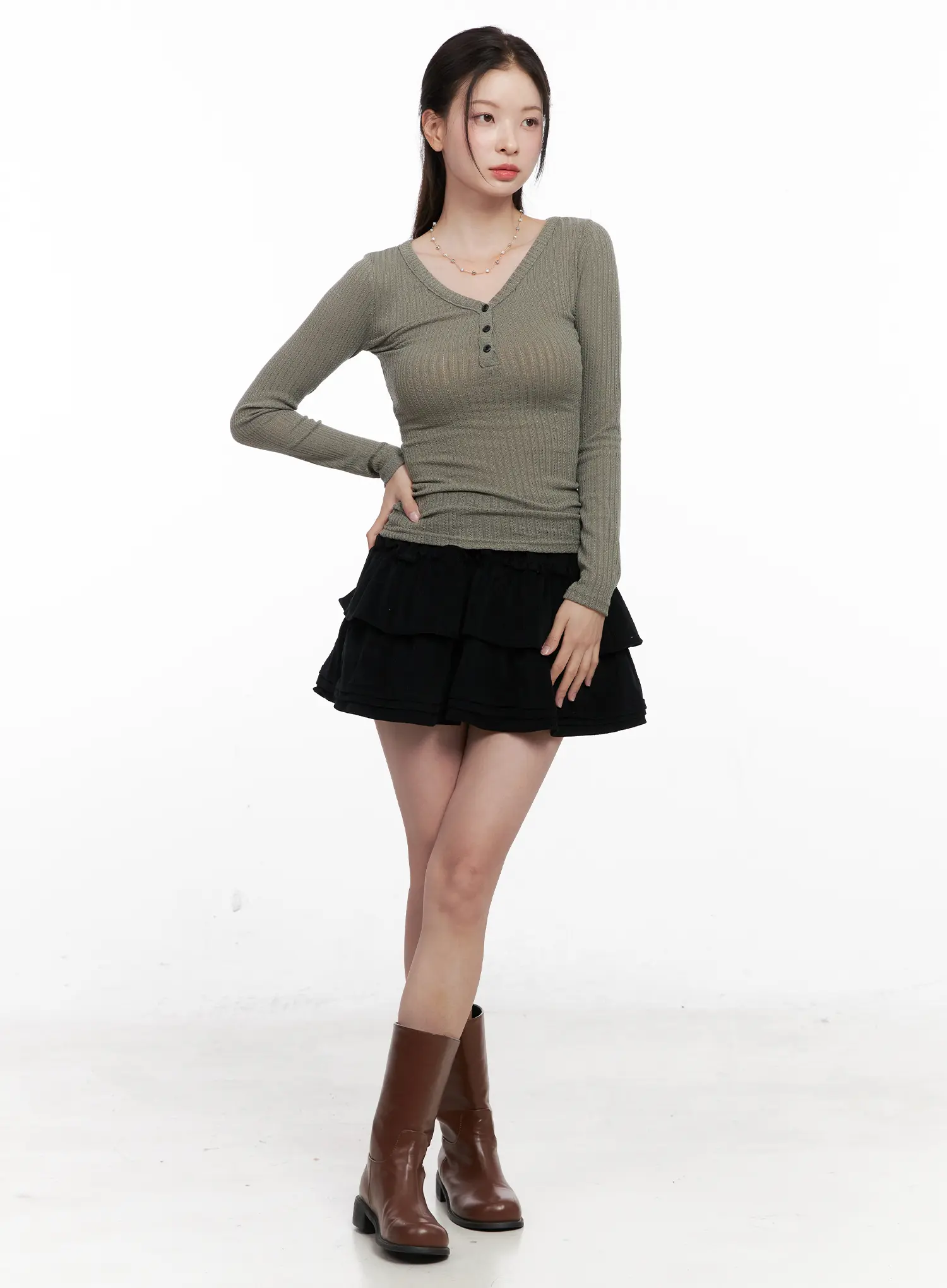 Ribbed Button V-Neck Long Sleeve CO531 - Image 2