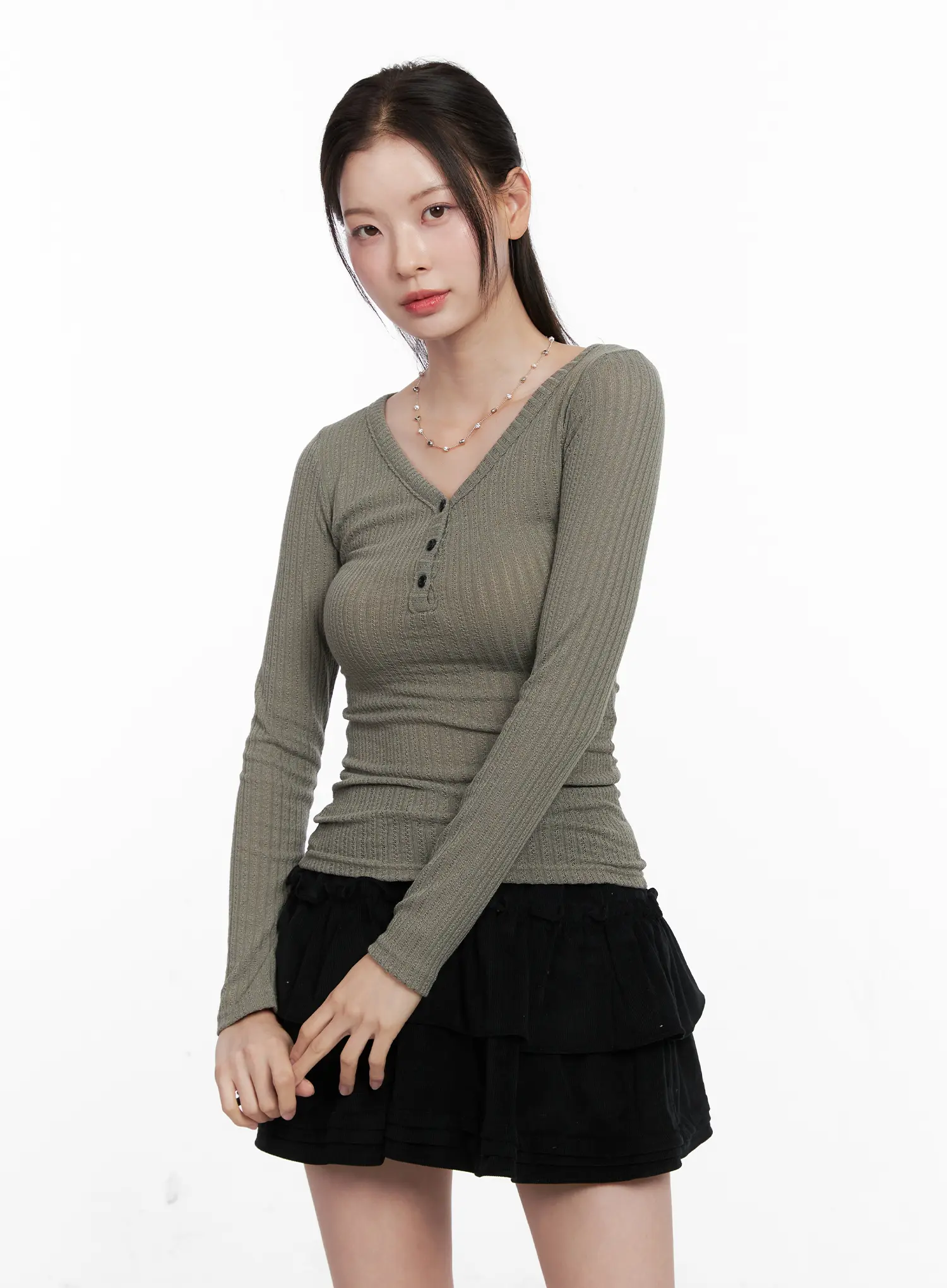 Ribbed Button V-Neck Long Sleeve CO531 - Image 4