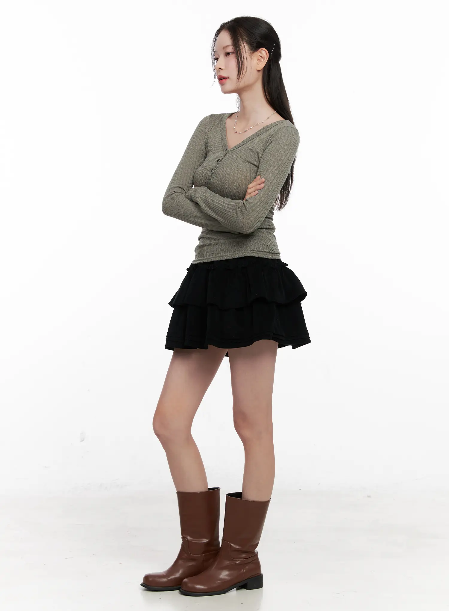 Ribbed Button V-Neck Long Sleeve CO531 - Image 5