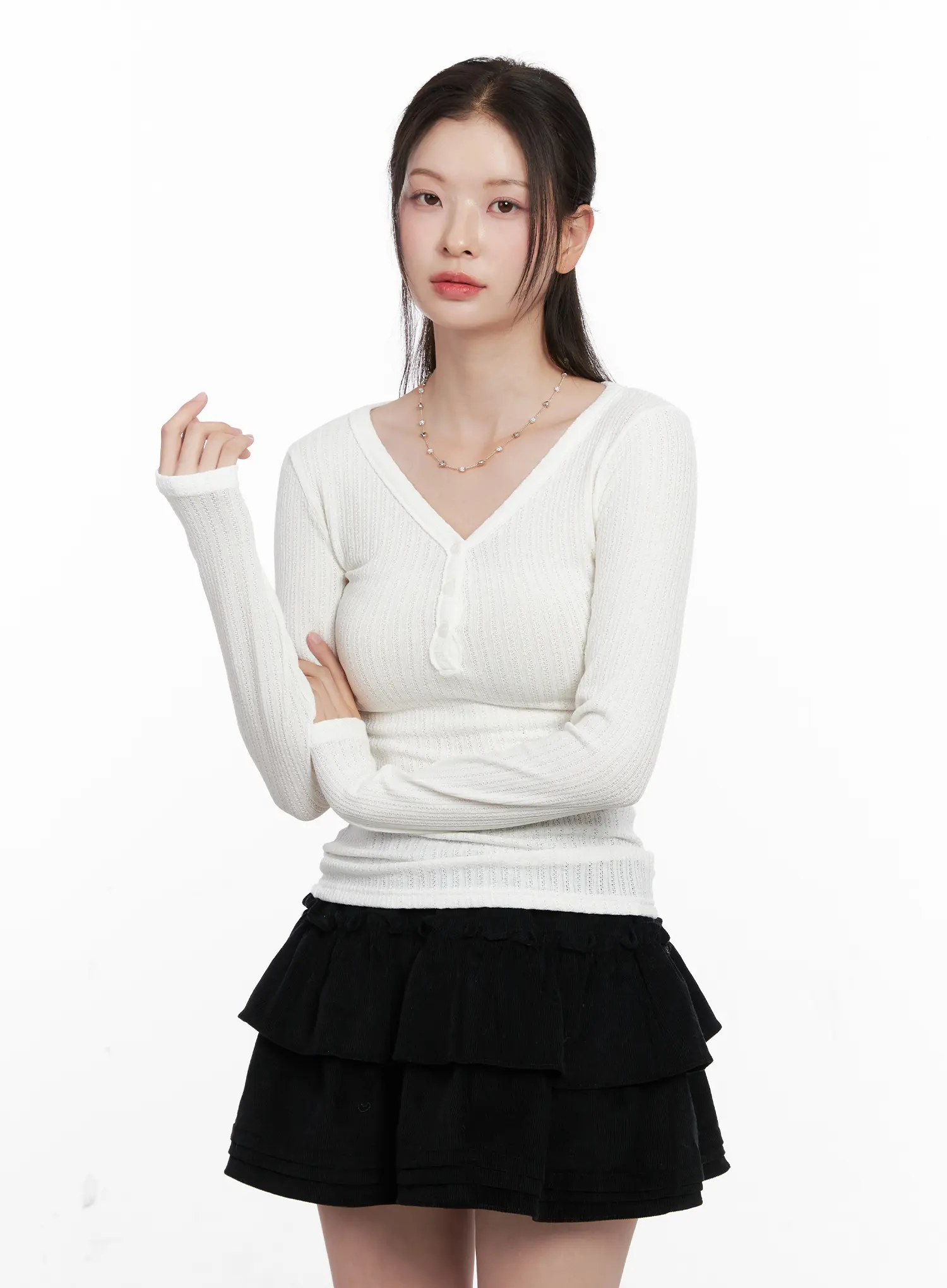 Ribbed Button V-Neck Long Sleeve CO531 - Image 7